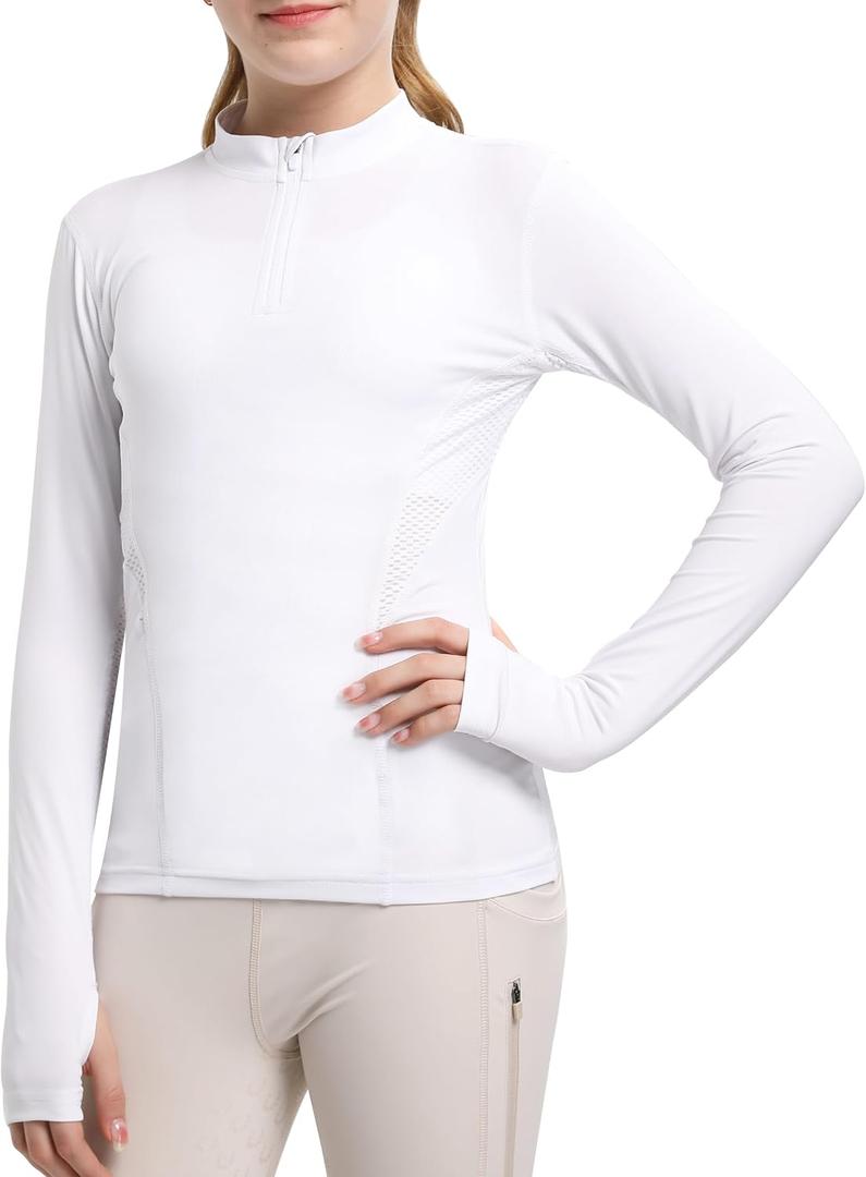 FitsT4 Sports Girls Long Sleeves Shirts Thumbhole English Horse Riding Shirt UPF50 Quick Dry Kids Equestrain Half Zip Jacket (X-Small, White)