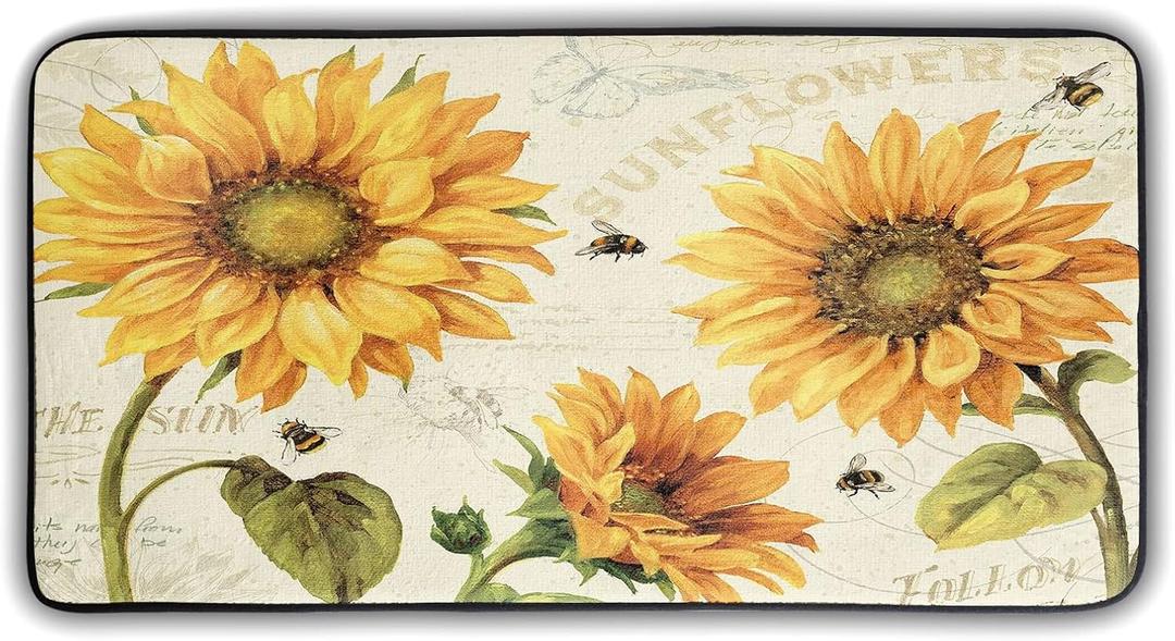 Vintage Bee Sunflower Kitchen Rugs and Mats Non-Slip Anti Fatigue Washable 39"x 20" Floral with Newspaper Backdrop Kitchen mats for Farmhouse Home Kitchen and Laundry Decorations Memory Foam Mat