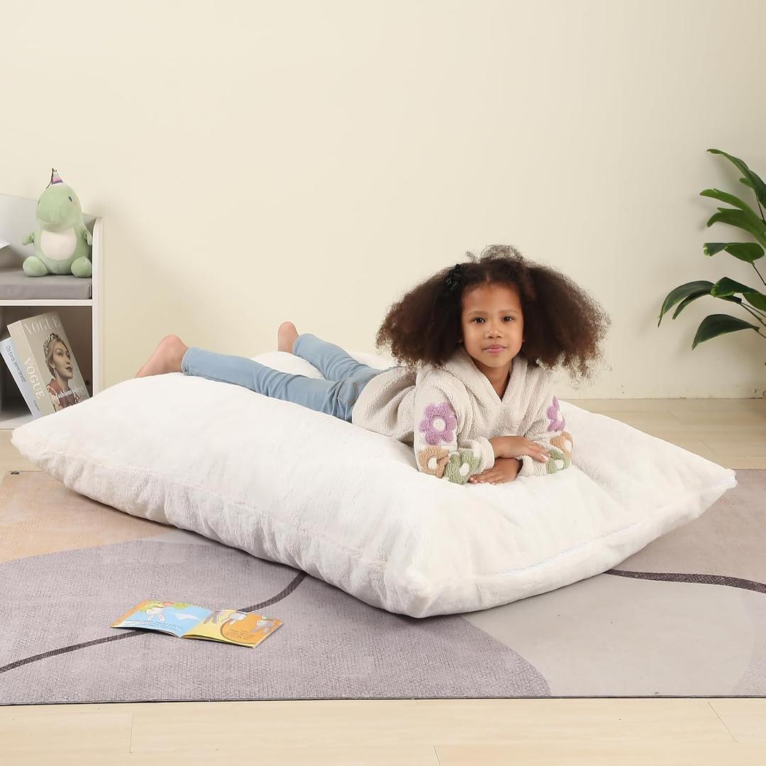 MOMCAYWEX 3-in-1 Kids Bean Bag Chair, Gaint Pillow Mattress for Kids, 35" x 50" x 10", Cream