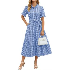 Womens Striped Summer Dress Elegant Ruffled Sleeve Button Down Tie Waist Maxi Shirt Dresses (Small, Plaidblue)