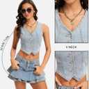 Women's Denim Vest Crop Jean Vest Tops Sleeveless V Neck Button Down Fitted Summer Western Country Denim Waistcoat (Blue, XL)