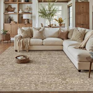 HUGEAR Area Rug 9x12 Light Brown Machine Washable Living Room Rugs Distressed Vintage Floral Vacuumable Low Pile Carpet Bedroom Office Dining Room Laundry Room Non Slip Soft Lightweight