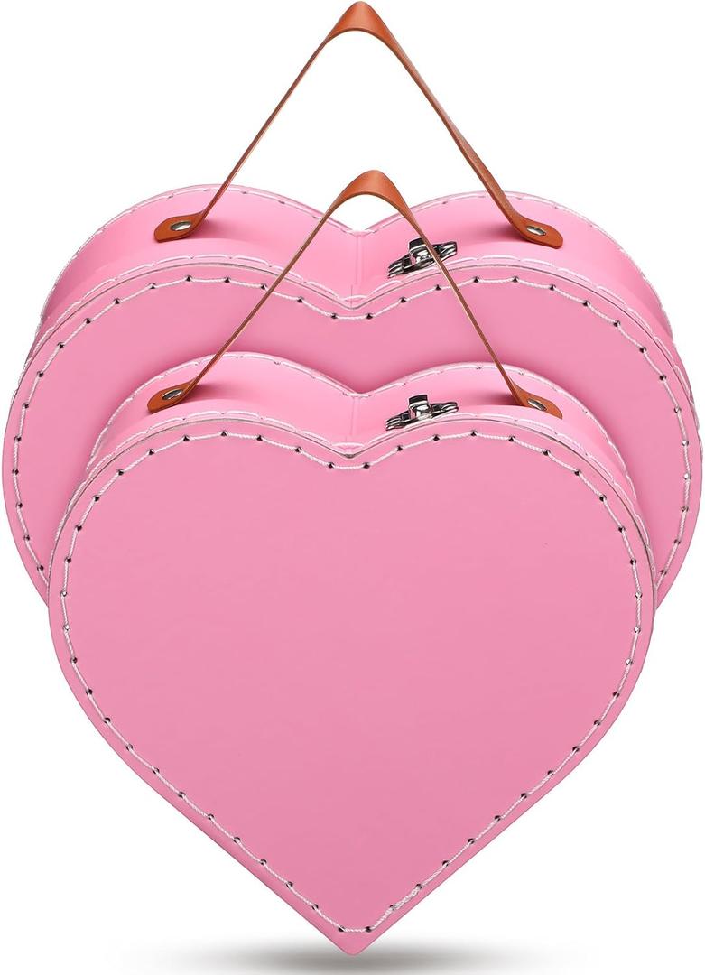 Teenyyou Set of 2 Valentine‘s Day Heart Paper Suitcases Pink Heart Paperboard Suitcases with Handles Decorative Cardboard Storage Boxes Suitcase Favor Candy Gift Boxes