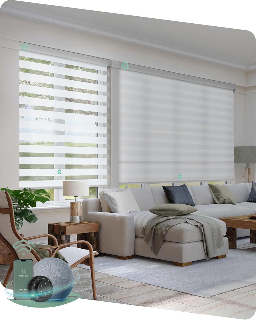 Yoolax Motorized Blinds with Remote, Electric Zebra Blinds for Indoor Windows, Room Darkening Smart Shades with Voice Control, Compatible with Alexa Google Home, APP Control, 34" W x 72" H, White