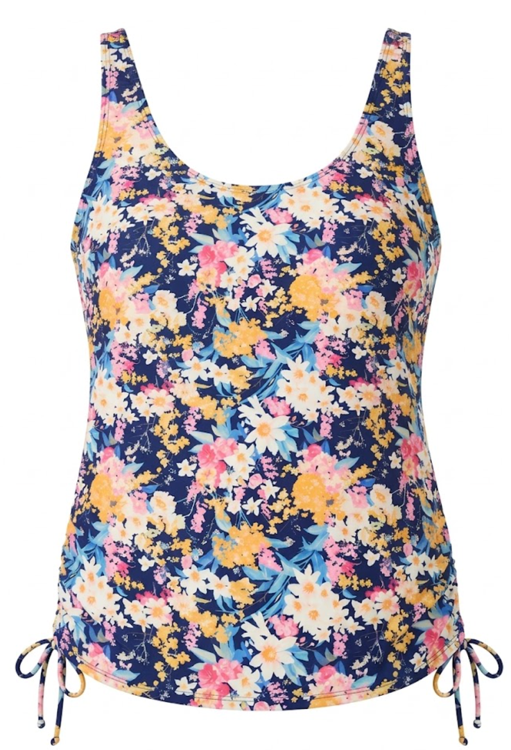 Halcurt Women's Two Piece Tankini Swimsuits Tummy Control Adjustable Drawstring Bathing Suit and Short with Pocket Navy Colorful Floral XL