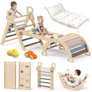 BlueWood Pikler Triangle Set with Cushion, 8-in-1 Climbing Toys for Toddlers, Montessori Philosophy Play Jungle Gym with Arch, Ramp, Ladder(Mauve Pink)