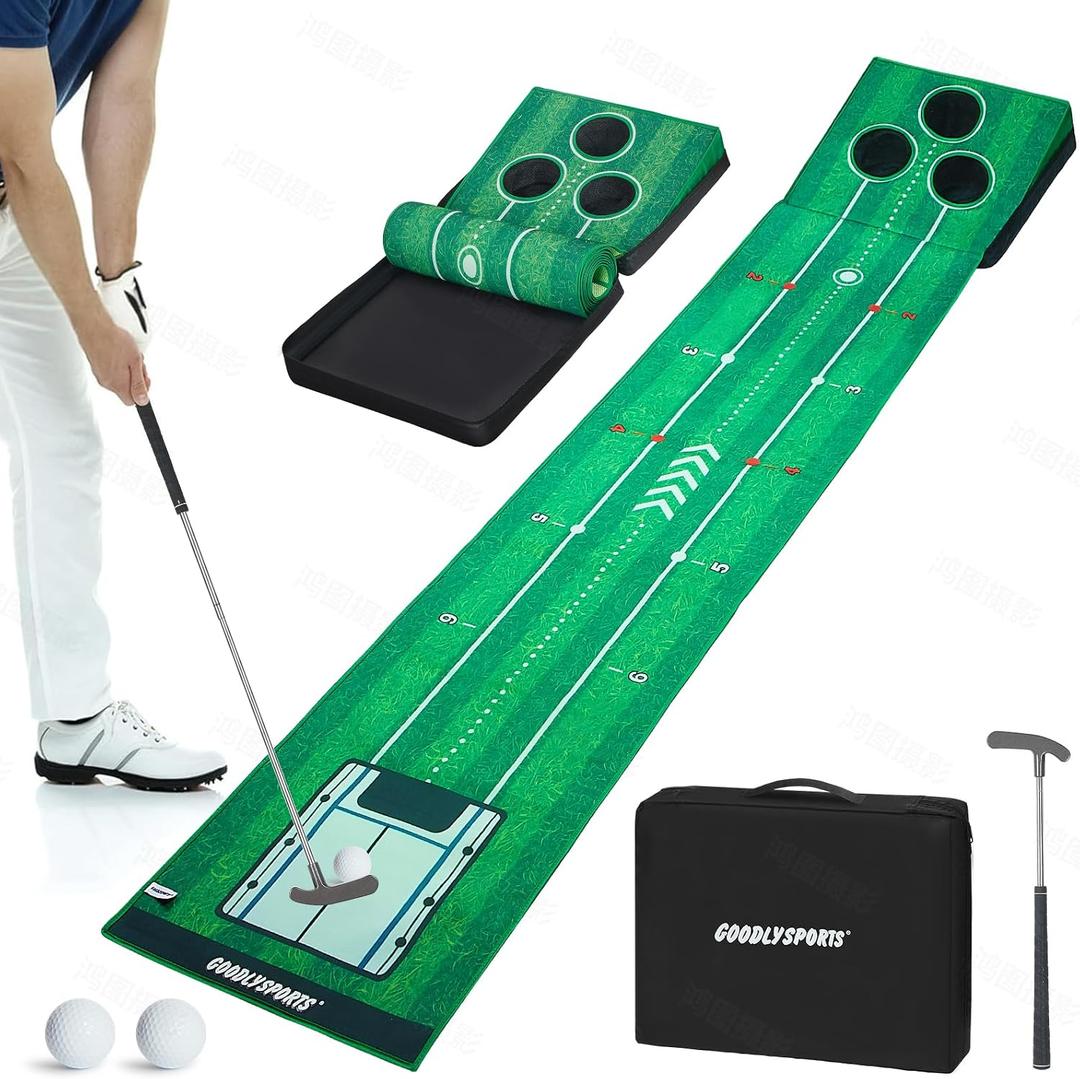 New Portable Golf Putting Mat, Mini Golf - Putting Green Indoor + Putting Green Outdoor - Putting Mat with 3 Balls + Retractable Push Rod (Youth) - Putting Matt for Indoors, Golf Gifts for Men Kids, Large