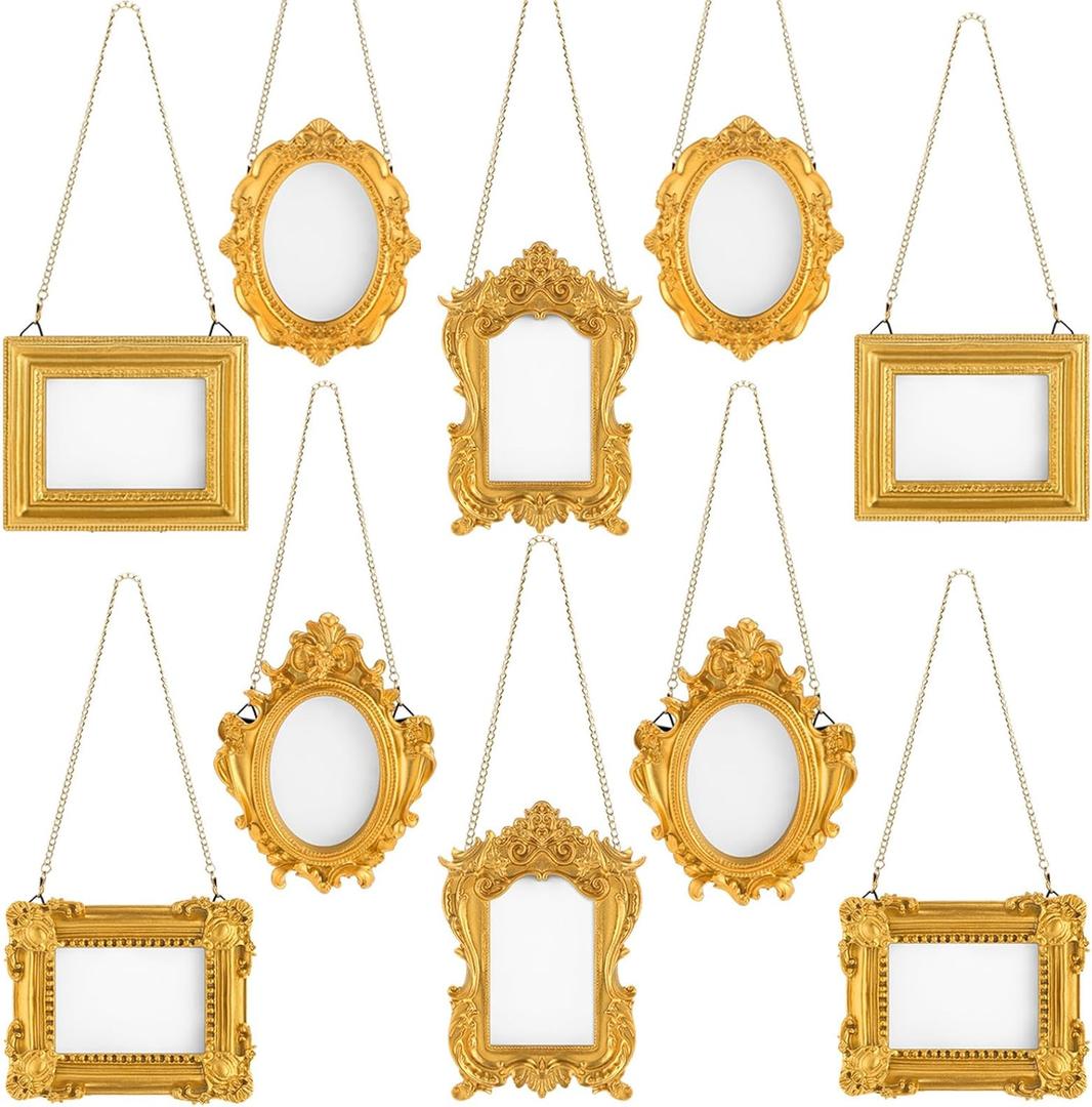 Qunclay 10 Pcs Small Gold Frames Mini Tiny Vintage Antique Baroque Ornate Resin Oval Hanging Picture Frames with Chain for Home Wedding Holiday Decor