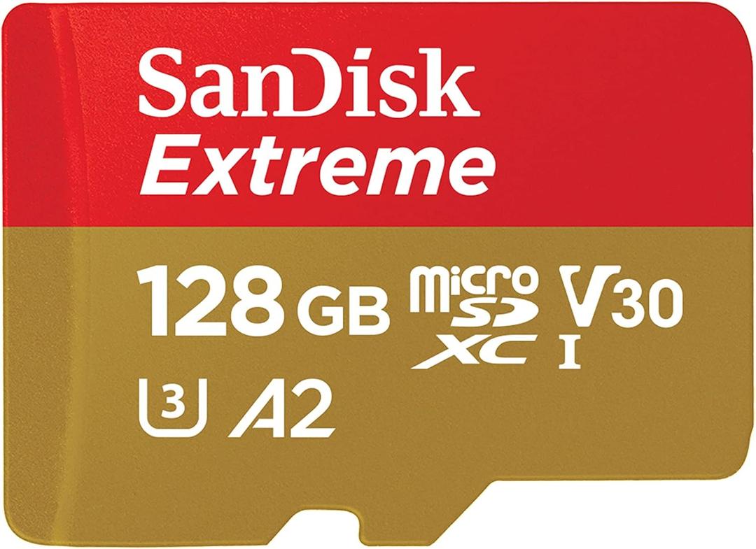 SANDISK 128GB Extreme microSDXC UHS-I Memory Card with Adapter - C10, U3, V30, 4K, 5K, A2, Micro SD Card - SDSQXAA-128G-GN6MA