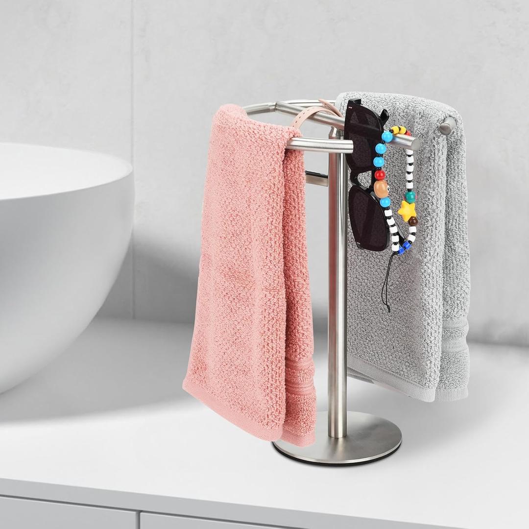 Hand Towel Holder Stand, 13 Inch Towel Rack for Bathroom Vanity Kitchen Countertop Free-Standing Stainless Steel Towel Rings (Brushed Silver)
