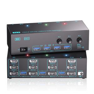 KVM Switch 3 Monitors 2 Computers, Reyoten 8K60Hz KVM Switches,3 Monitors 2 Computers HDMI DP Switch, 4K144Hz Switch for 2 PCs Share Monitor Keyboard Mouse Printer with 2 USB Cables, Power Adapter,two ports work 1 don't probably the USB couldn't test