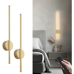 Battery Operated Modern Wall Sconces,Dimmable Wireless Wall Light Set of Two with Remote Control,3 Color Temperatures,Rechargeable LED Wall Sconce for Bedroom,Living Room,Hallway,23.6 Inch, Gold