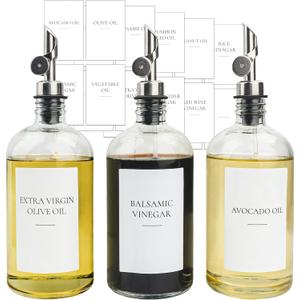 3PCS Oil Dispensers with Labels 16.23oz Kitchen Cooking Glass Bottles Containers with 304 Stainless Steel Automatic Pump Heads Anti-Corrosion & Rustproof