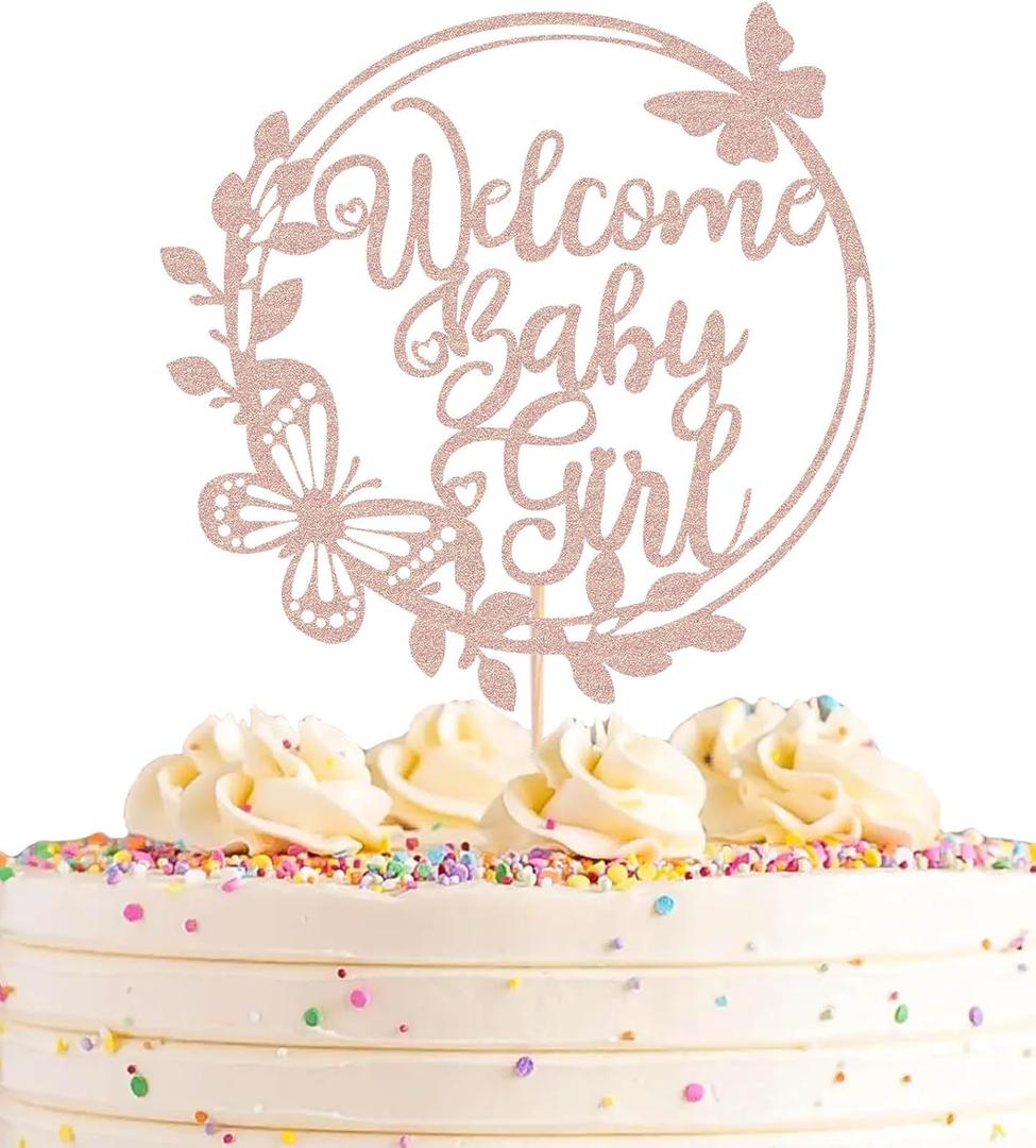 Welcome Baby Girl Cake Topper - Rose Gold Glitter Baby Shower Cake Decorations, Baby Girl Cake Topper, for Baby Shower/Birthday Party/Gender Reveal Party Photo Booth Props
