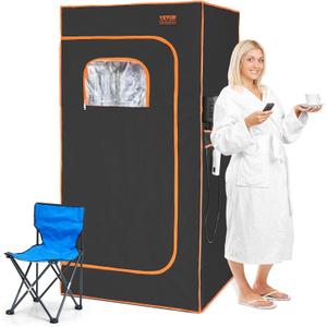 VEVOR Infrared Portable Sauna Tent, 1400W Personal Sauna Kit for Home Spa Heated Body Therapy, Time & Temperature Remote Control with Chair & Floor Mat, Black, 2.9x 2.9x 5.8