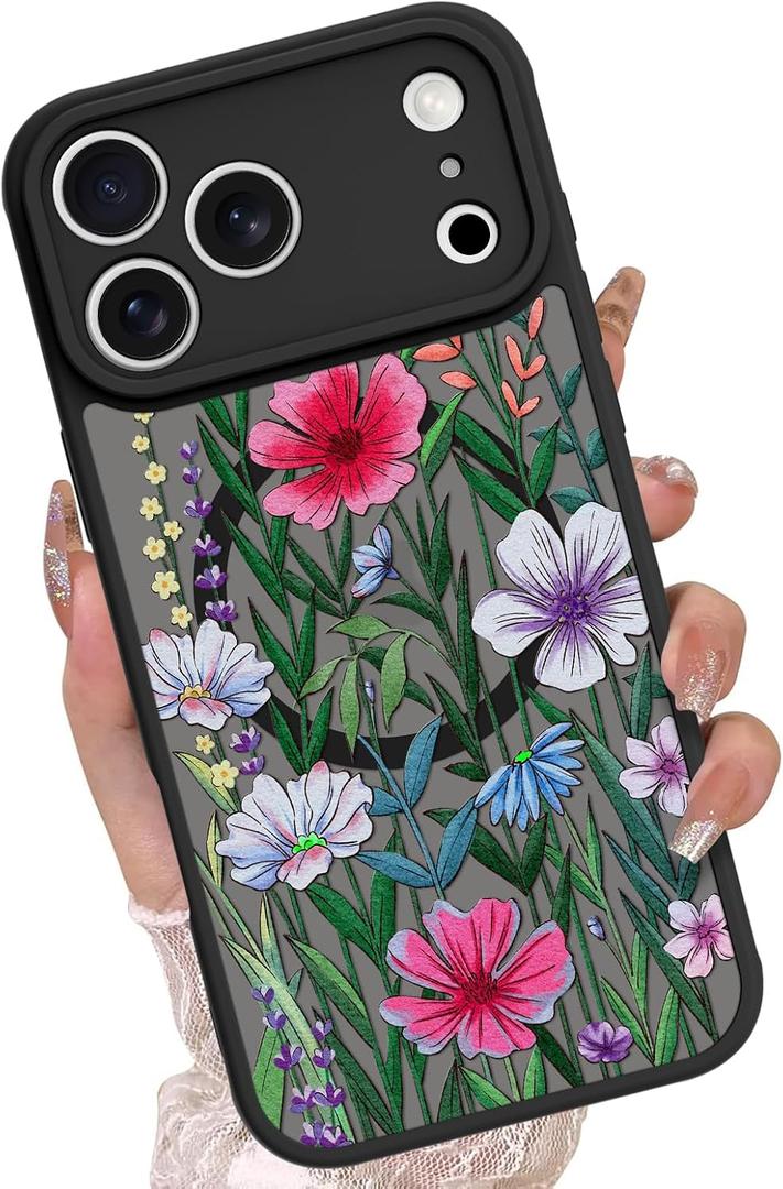 OOK Designed for iPhone 17 Pro Case Cute Flower Floral Design for Girls Women Compatible with Magsafe Soft TPU Camera Lens Protective Phone Magnetic Cover Compatible with iPhone 17 Pro 6.3 Inch