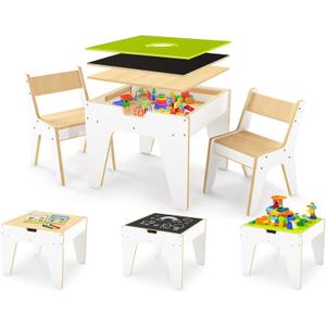 WINGYZ 4-in-1 Wooden Kids Activity Table and 2 Chairs, Ages 2-12 & 4-8 Building Blocks Construction Sensory Table with Storage, Spacious Kids Learning Desk, 22'' D x 21''W x 18''H
