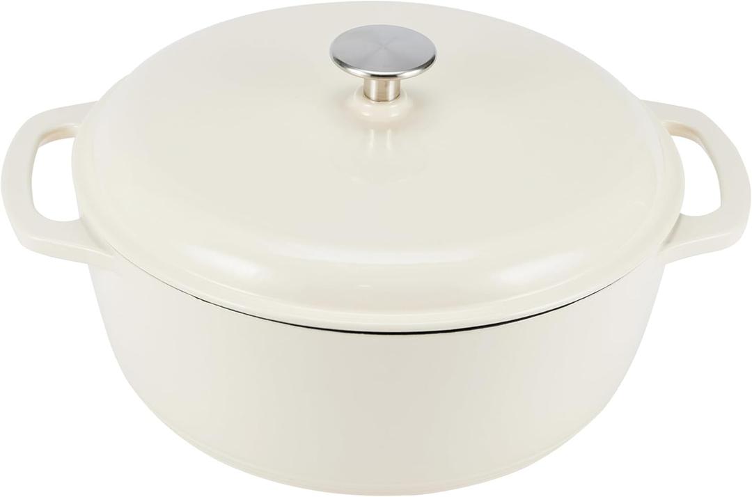 Amazon Basics Enameled Cast Iron Dutch Oven Pot with Lid, Oven Safe, Heavy-Duty, Dual Handles for Baking, Roasting, Stews, 4.3-Quart, White