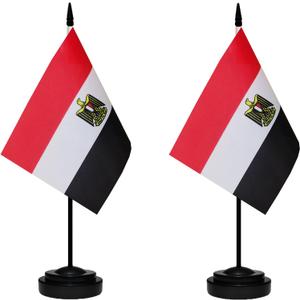 Egypt Egyptian Small Mini Desk Flag Set Miniature Egypt Egyptian Table Office Flag with 13" Black Pole, Black Base, Miniature Egypt Deluxe Desktop Flag(2 Pack)