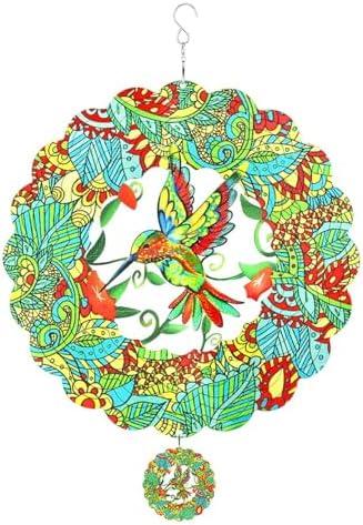 Hummingbird Wind Spinner, 3D Hummingbird Wind Spinner Patio Décor, 12inch Bird Hanging Wind Spinner Decorations, Green Craft Spinners for Yard and Garden, Big Ornaments Wind Spinner Art