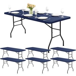 6ft Table Cover Fitted - 6 Pack Rectangle Tablecloths with Elastic Corner, Washable Folding Table Protector for Outdoor Picnic, Party, Banquet, Graduation, 30x72 Inch, Navy