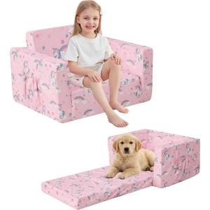 lasoftan Toddler Couch, 2-in-1 Soft Kids Couch Bed Fold Out, Toddler Chairs Comfy for Boys & Girls, Convertible Kids Sofa to Lounge for Playroom, Gift for Birthday, Children's Day - Pink Unicorn