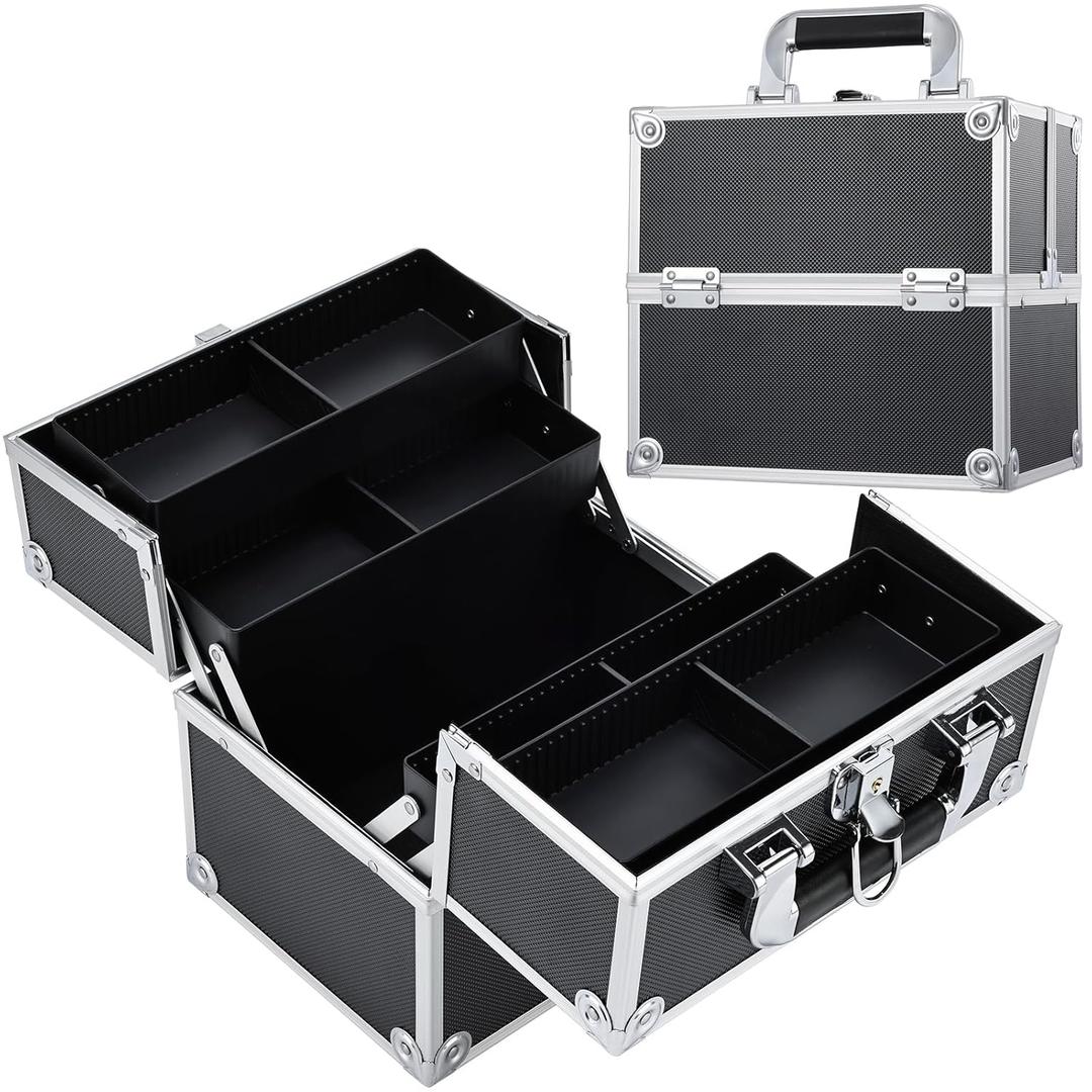 Frenessa Makeup Train Case Cosmetic Organizer Case Professional Makeup Storage Box 4 Trays with Divider Lockable Travel Case Portable Travel Makeup Box for Makeup Artist, Carfter, Cosmetics Black