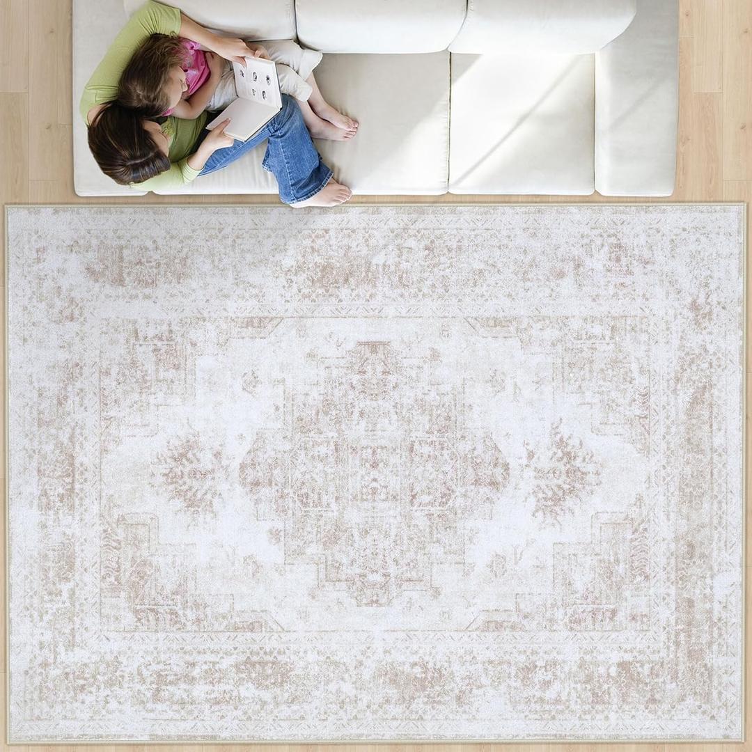 Area Rug 8x10 Living Room Rug, Machine Washable Vintage Distressed Medallion Rug Non-Slip Soft Low Pile Large Indoor Rugs for Bedroom Kitchen Dining Room Office(Beige,8'x10')