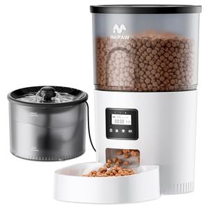 IMIPAW Automatic Cat Feeder and Water Fountain, Timed Dry Food Dispenser, Programmable Portion Control, 1-6 Meals Per Day, Desiccant Bag, Cat Fountains for Drinking with Filter, Small Pets (3L Combo)