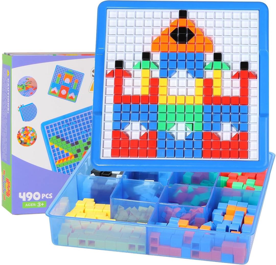 ZOZOPLAY Kids Mosaic Puzzle,490Pcs Building Blocks,Educational Kit with 6 Assembly Drawing,STEM Toys for 3+ Year Old (Small Cube)