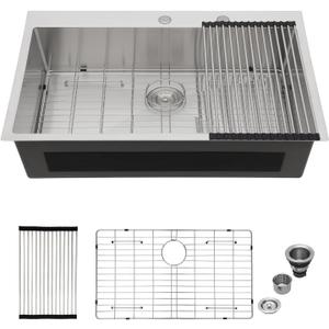 Mocoloo 32 Inch Drop In Kitchen Sink - 32 x 18 Inch Stainless Steel Kitchen Sinks Topmount 16 Gauge Single Bowl Above Counter Handmade Sink, 10'' Deep Basin, 32"x18"x10"