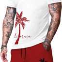 Men's 2 Pieces Outfit Short Sleeve Hawaiian Print Tee and Graphic Drawstring Waist Shorts Sets (White and Red) XXL