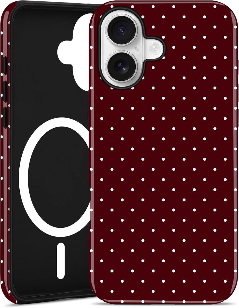 Jusy Compatible with MagSafe Polka Dot Case for iPhone 16, Cute Christmas Polka Dots Magnetic Phone Case, Soft TPU and Hard PC Protective Phone Cover for Women GirlsShiny - Burgundy