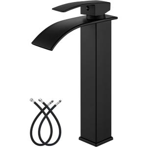 gotonovo Waterfall Tall Bathroom Faucet Single Handle Bathroom Faucets for Sink 1 Hole Stainless Steel Vessel Sink Faucet Modern Mixer Tap Wash Basin Faucet Without Pop Up Drain, Matte Black