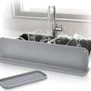 Sink Water Splash Guard - Silicone Sink Splash Guard with 5 Strong Suction Cups, Non-Slip Design for Maximum Stability. (17.32 x 2.2 x 3.94") + Silicone Soap Tray (Light gray)