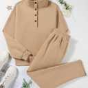Herseas Lounge Sets for Women Button Fall 2 Piece Outfits Sweatsuits Long Sleeve Fleeced Travel Suits Fashion Clothing (Beige, XXL)