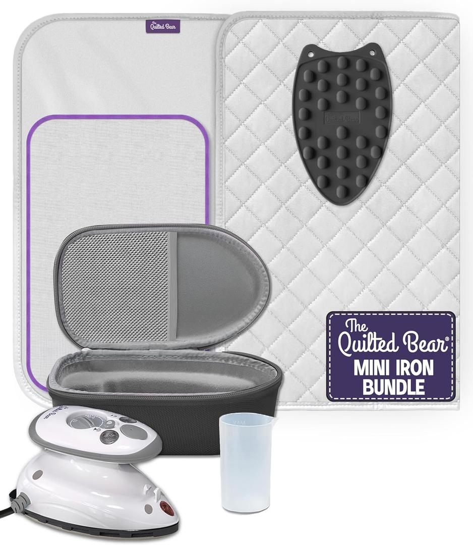 The Quilted Bear Mini Iron, Rest & Ironing Mat - Lightweight Mini Steam Iron with Hard Shell Travel Case, Rest & Ironing Mat - Travel Essentials for Wrinkle Free Clothes & Effortless Quilting (Black)