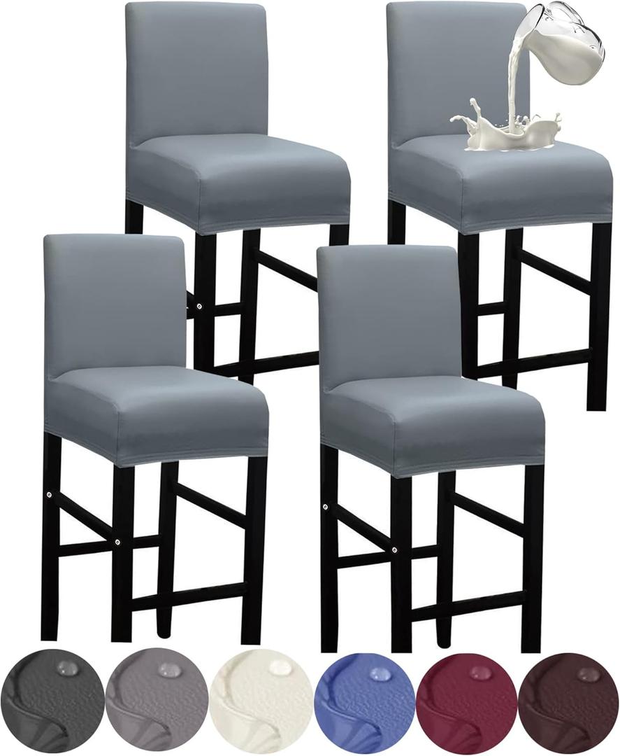 HFCNMY Bar Stool Covers,4 Pack Stretch Waterproof PU Bar Stool Covers with Backs Bar Stool Chair Covers Barstool Covers Slipcovers with Back Pub Counter Stool Chair Covers with Elastic Bands Gray (Grey)