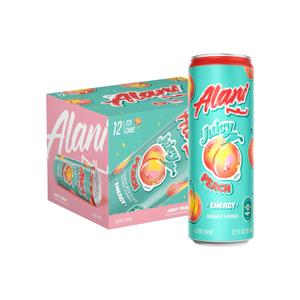 Alani Nu JUICY PEACH Sugar Free, Low Calorie Energy Drinks | 200mg Caffeine | Biotin B Vitamins | Zero Sugar | 10 Calories | 12 Fl Oz Cans | 12 Pack