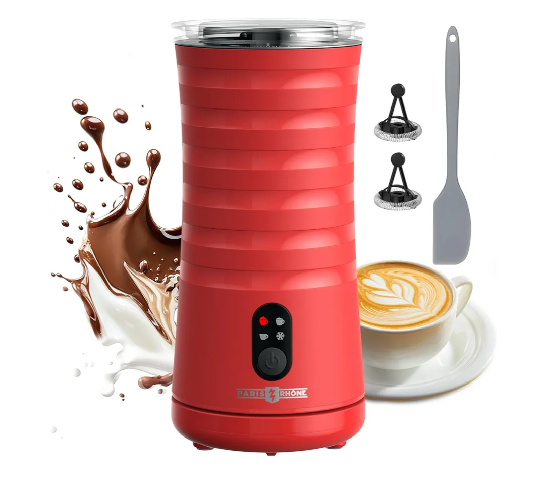 Milk Frother, Paris Rhône 4-in-1 Milk Steamer and Frother, Hot & Cold Foam Milk Warmer with Temperature Control, Auto Shut-Off Frothers for Coffee, Latte, Cappuccino, Macchiato, Red