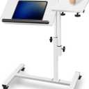 Tilt-Swivel Dual Desktop Bed Side Table Tray with Wheels, Adjustable Height Laptop Over Bed Table, Folding Lightweight Hospital Bed Table, White