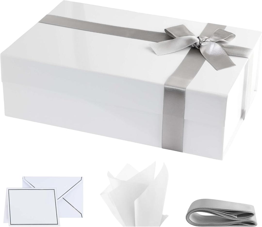 Purple Q Crafts Premium White Gift Box with Magnetic Closure - 14x9x4 inches - Includes Ribbon and Elegant Presentation Box for All Occasions
