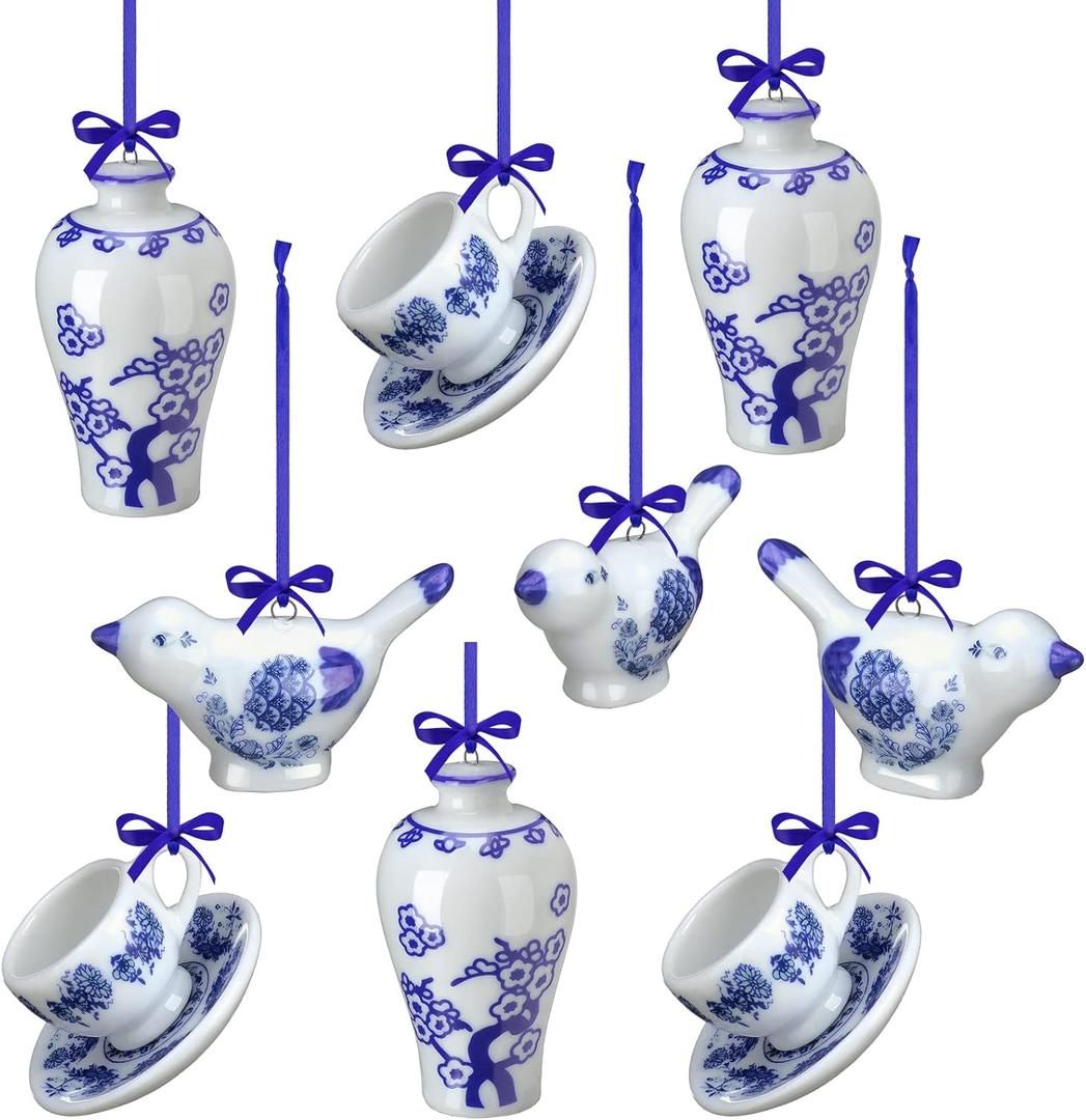Funtery 9-Piece Blue & White Porcelain Ornaments - Chinoiserie Fall Pumpkin Decor Hanging Pendants - Ceramic Christmas Tree Ornaments for Christmas & Autumn Decoration (Vivid Style)