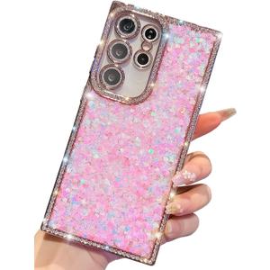 KERZZIL Trendy Girly Glitter Powder Compatible with Sumsung Galaxy Rectangle Case, Elegent Cute Slim Women Bling Diamond Rhinestones Plating Phone Cases(Pink,S24 Ultra)