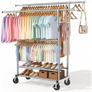 Heavy Duty Clothes Rack Load 960LBS, Adjustable Three Rods Rolling Garment Rack with Double-Layer Bottom Shelf, Portable Commercial Clothing Rack for Hanging Clothes with Wheels, Silver