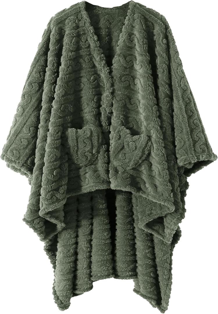 Mowkim Wearable Blanket Sherpa Fleece Shawl Blanket with Pockets for Adults Women and Men, Cozy Shawl TV Throw Blankets (Green, 58'' x 64'')