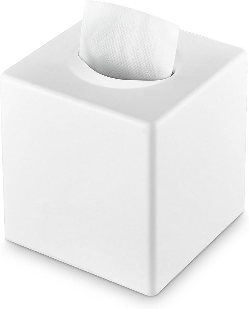 Y-in Hand Tissue Box Cover, Square Facial Tissue Holder Storage for Bathroom Vanity, Countertops, Dressers, Night Stand, Parlors and Offices - White