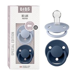 BIBS Pacifiers OneSize | 2Pack Soothers | BPAFree Symmetrical Nipple | Made in Denmark | Dusty Blue/Steel Blue De Lux Pacifier