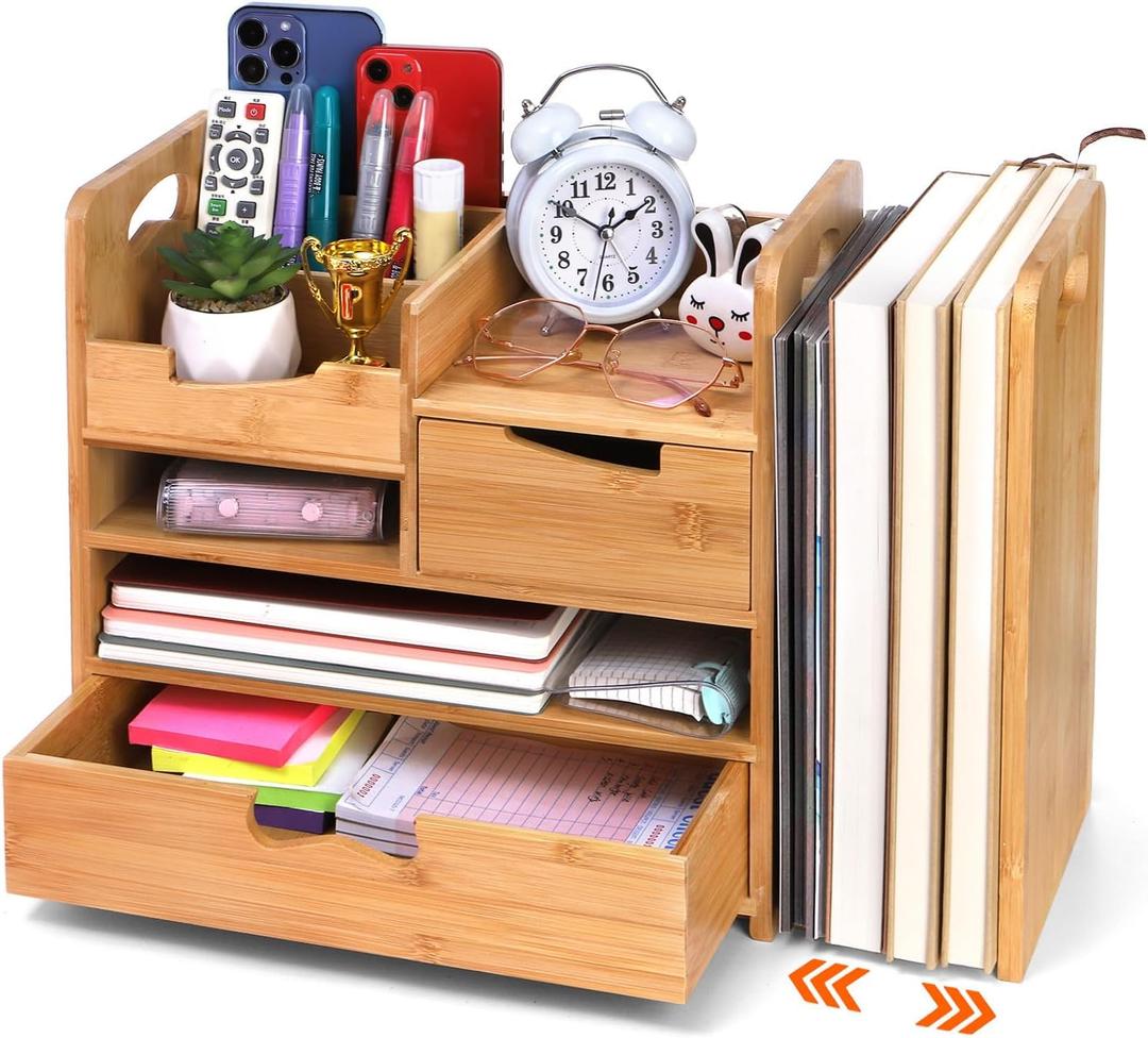 ZOOFOX Bamboo Desk Organizer with Adjustable File Holder, Mail Organizer Countertop with Drawer, 4-Tier Desktop Organization and Desk Accessories for Home Office School Supplies, No Assembly Required