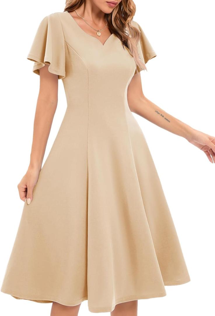 HomRain Wedding Guest Dresses for Women Vintage Short Sleeves Casual Fit and Flare Cocktail Formal Dress for Tea Party (X-Large, Champagne)